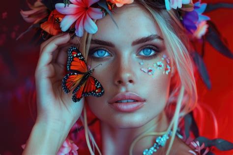 Premium Photo Blonde Woman With Flowers And Butterfly In Studio Portrait