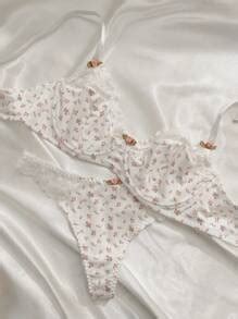 Ditsy Floral Print Contrast Lace Underwire Bra Panty Lingerie Set Bountiful Floral Splendor