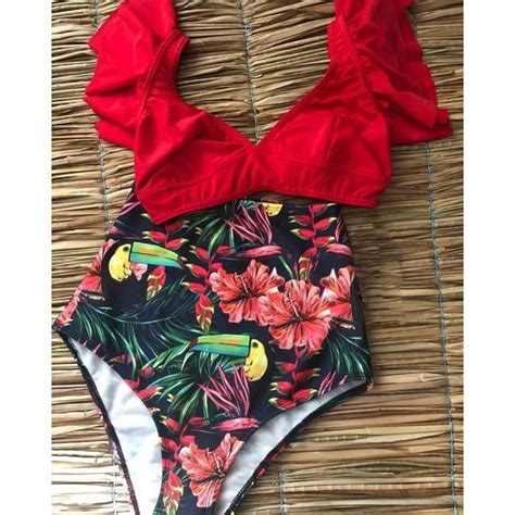 MAILLOT DE BAIN nouveau Bikini fleuri à volants Bikini ensemble femmes col en v taille