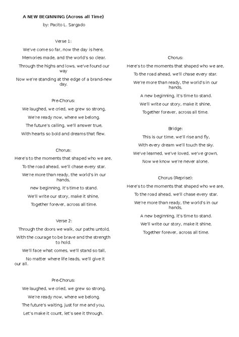 A NEW BEGINNING (Across All Time) - Graduation Song Lyrics - Studocu