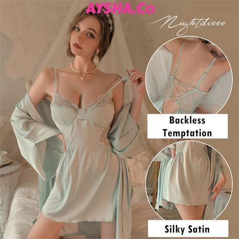 Backless Satin Nightdress With Robe Set Pajamas Baju Tidur Malam Seksi Lingerie Sleepwear