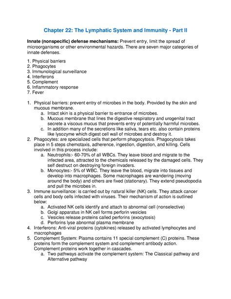 Lecture Notes 22 Lymphatic System And Immunity Pt2 Chapter 22 The