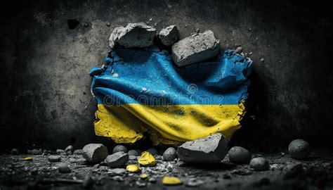 Generative Ai Ruined Ukraine Banner Ukrainian Flag On Broken Concrete