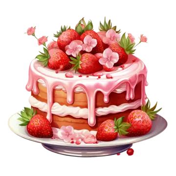 Un Pastel De Fresa Con Glaseado Y Fresas En Un Plato PNG Dibujos Un