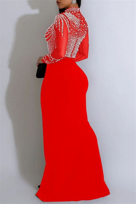 Wholesale Sexy Patchwork Hot Drilling See Through Slit Turtleneck Long