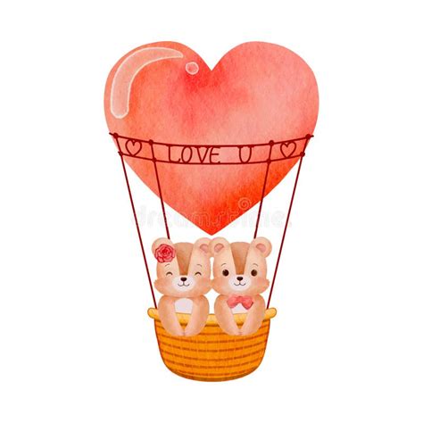 Happy Valentines Day Greeting Card With Watercolor Couple Bears In Hot Air Balloon Vector Stock