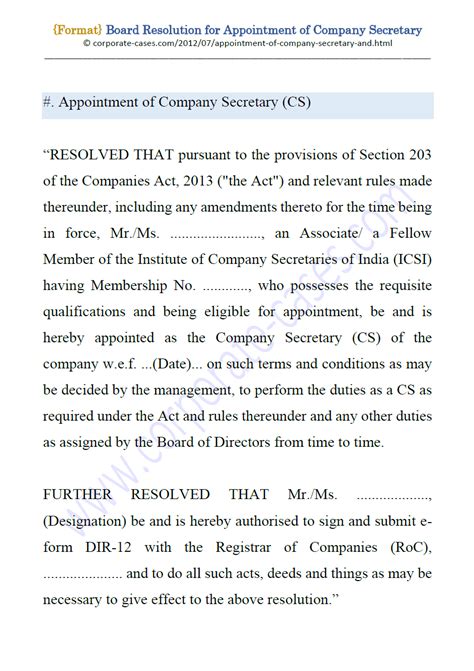 Board Resolution For Appointment Of Company Secretary Cs