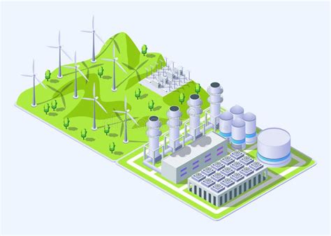 cartoon color windmill  gas thermal power plant industrial energy