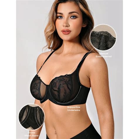 Deyllo Womens Sexy Lace Bra Demi Sheer Mesh Balconette Embroidered Underwire Unlined See Though