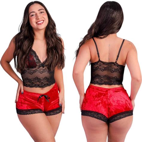 Pijama Baby Doll Feminino Lingerie Veludo Luxo Renda Short Doll Veludo Sexy Shopee Brasil
