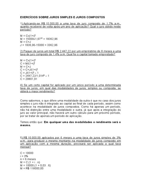 Exercícios Sobre Juros Simples E Compostos