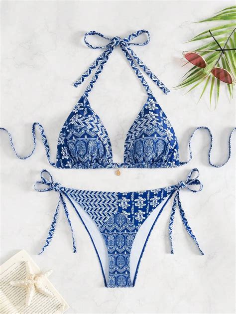 SHEIN Swim Curve Summer Beach Plus Size All Over Print Halter Neck Bra Bikini Bottom Bikini