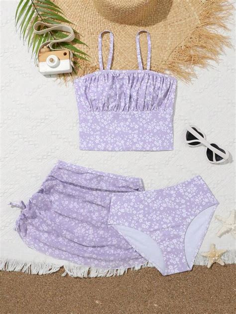 Chica Preadolescente Ba Ador Bikini Con Estampado Floral Con Falda De Playa Moda De Mujer