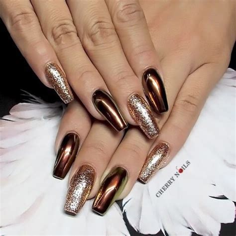 Awesome Brown Gel Nails With Gold Glitter Ladystyle