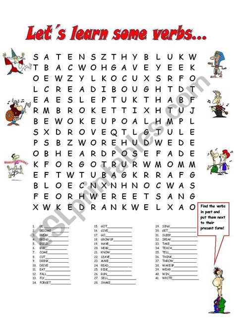 Irregular Verb Wordsearch In Present And Past Tense Esl Worksheet By