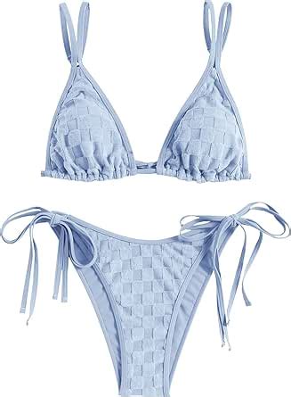Amazon Zaful Bathing Suit Bikini Set Double Shoulder Straps Checkered Swimwear Tie Side