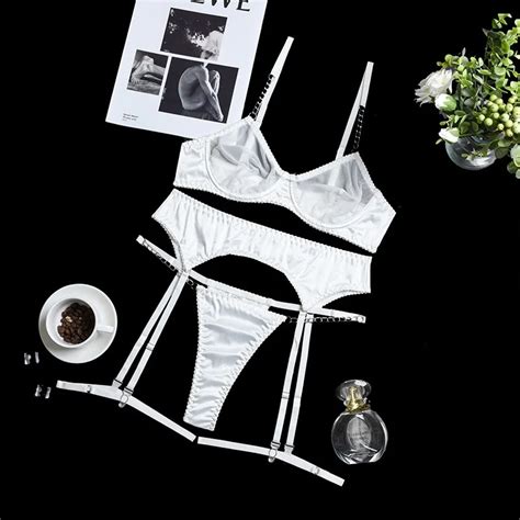 Billionm Piece Mesh Bra Set Women Chain White Transparent Lingerie Set Panty Garter Underwear Set