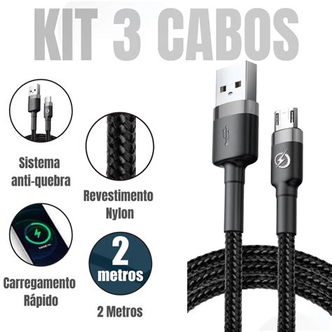 Kit Cabos Tipo Micro Usb V Carregador R Pido Metros Resistente