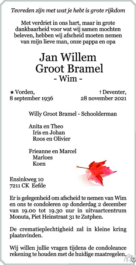 Jan Willem Wim Groot Bramel Overlijdensbericht En