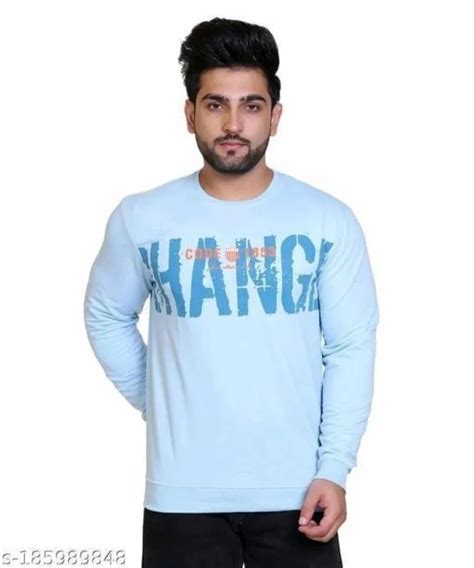 Men Light Blue Printed Full Sleeve Cotton T Shirt Round Neck At Rs 225