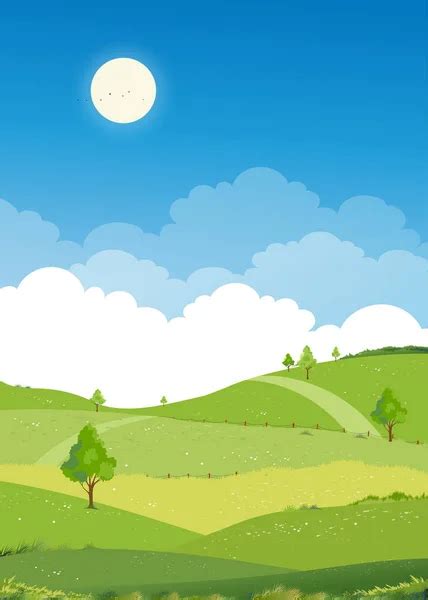 Sky Blue Cloud Background Spring Landscape Green Grass Field Tree Stock