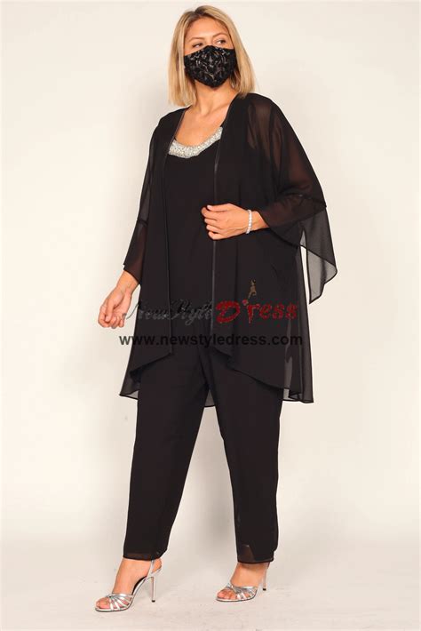 Plus Size Black Chiffon 3PC Mother Of The Bride Pantsuits Mother Of The