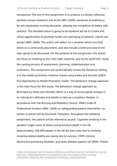 Critically Reflective Portfolio Extract Related to One of the Nmc (2004
