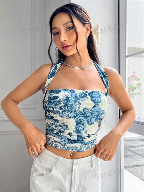 Shein Ezwear Women S Summer Y2k Halterneck Smocked Waist Graphic Print Tank Top Shein Usa