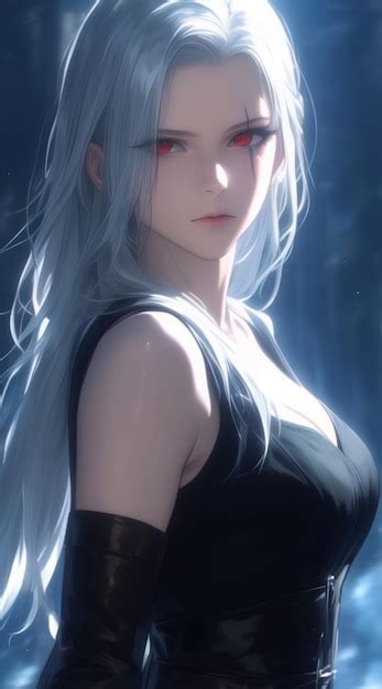 anime girl  white hair  red eyes   black dress generative ai