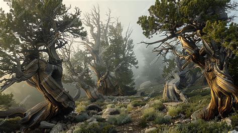 Ancient twisted trees stand in a mystical foggy forest | Premium AI ...