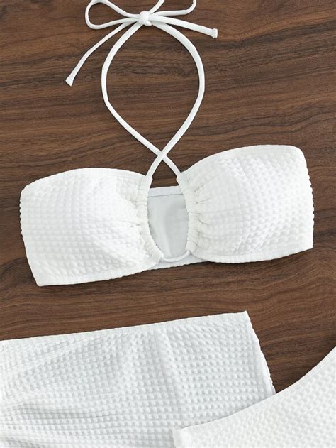 SHEIN Swim BAE Solid Bikini Set Halter Bikini Top Bikini Drawstring Ruched Beach Skirt 3