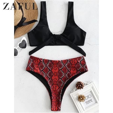 ZAFUL Snakeskin Bikini Swimwear Women High Cut Swimsuit Sexy Halter Thong Bikini Bikini Set