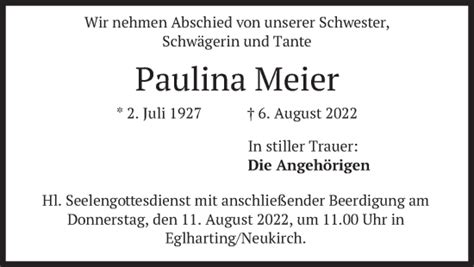 Traueranzeigen Von Paulina Meier Trauer Merkur De