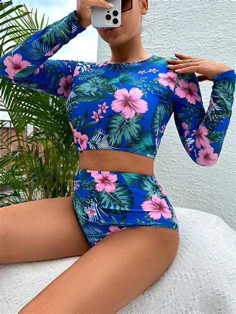 Shein Swim Sprty Tropical Print High Neck Zip Back Bikini Swimsuit With Long Sleeve Swim Shirt