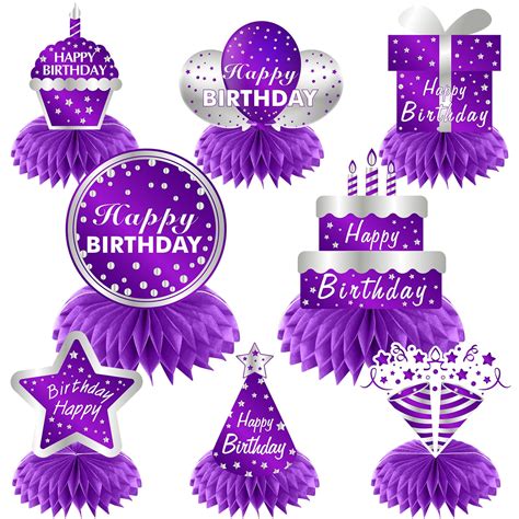 8pcs Purple Silver Happy Birthday Decorations Honeycomb Centerpieces