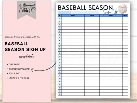 Printable Baseball Season Sign Up Sheet Instant Download Template