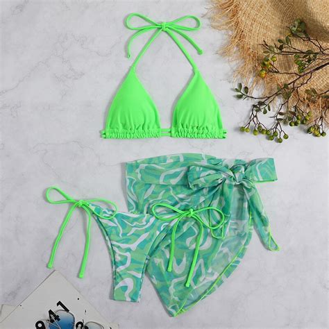 Three Pieces Bikini Set Mesh Skirt Bandage Swimwear Power Day Sale