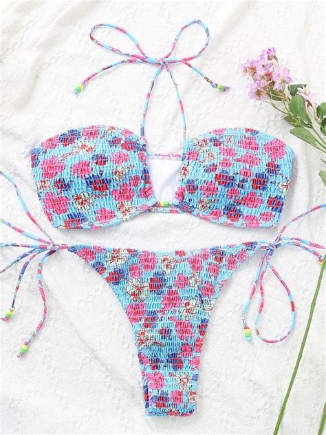 Emmiol Free Shipping 2025 Halter Floral Print Smocked Bikini Set Blue M