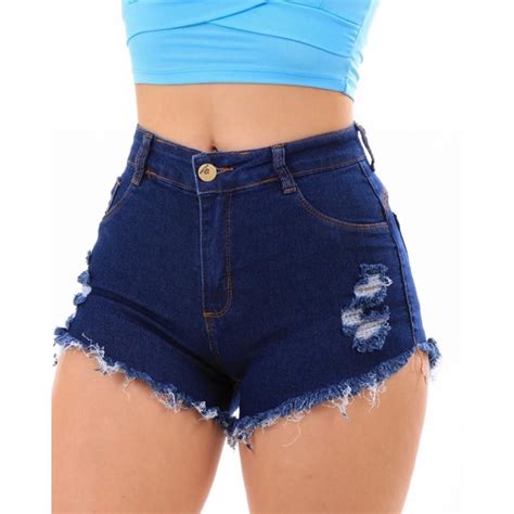 Shorts Jeans Bermuda Feminina Cintura Alta C S Alto Luxo Destroyed Hot Pants Desfiado Blogueira