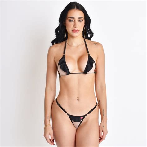 Sheer Nude Micro Bikini With Black Straps Midnight Sands Oh Lola Swimwear