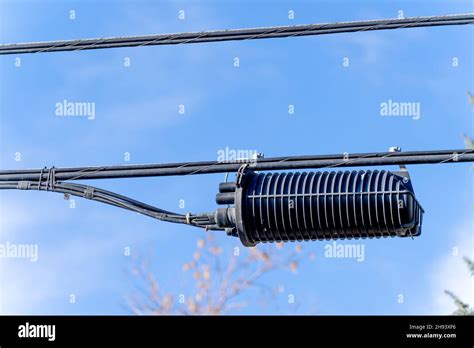 Splice Enclosure On A Telephone Pole In City Stock Photo Alamy