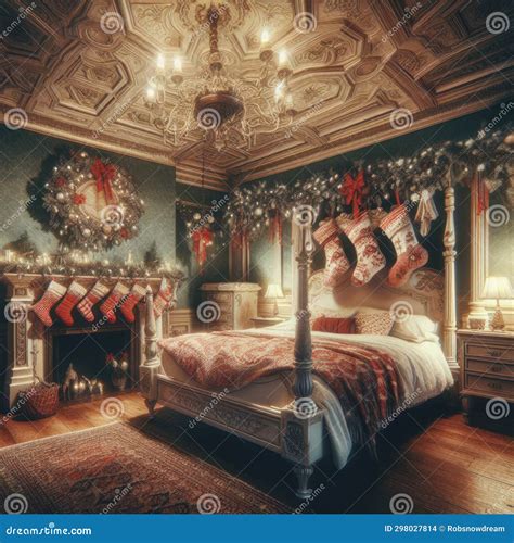 Beautiful Christmas Stockings Hanging on Bed End Stock Illustration