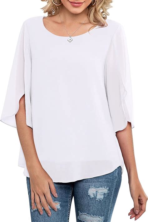 Neineiwu Womens Casual Scoop Neck Loose Top 3 4 Sleeve Chiffon Blouse