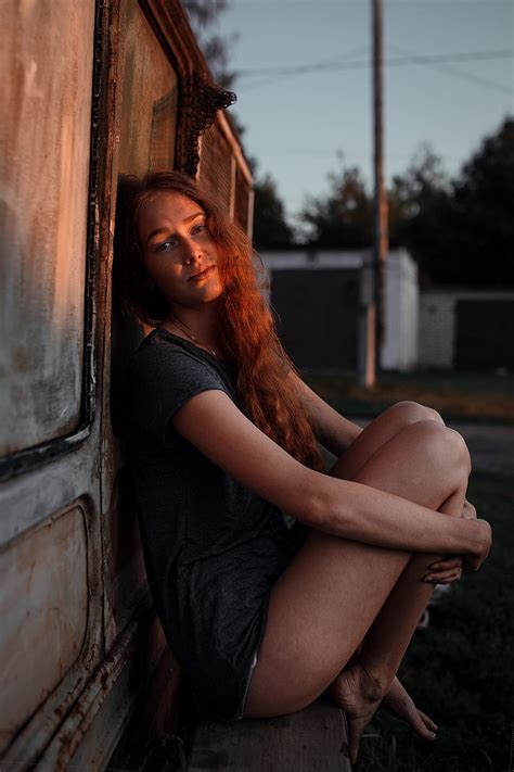 Women Model Redhead Long Hair Women Outdoors Sadness Legs Up