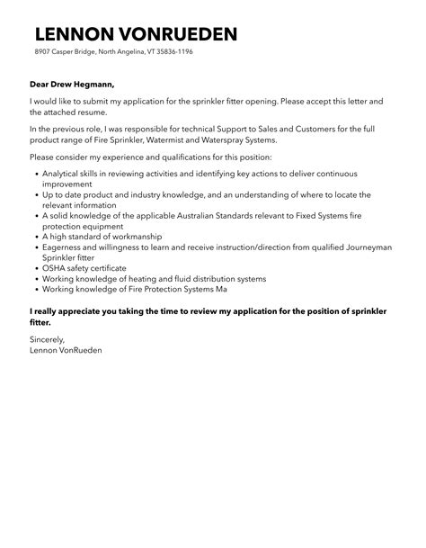 Sprinkler Fitter Cover Letter Velvet Jobs