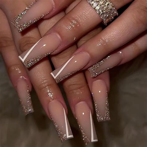 FOAMEE Medium Nude Coffin Fake Nails With Sequins Designs Acrylic Glossy False Nails For Women