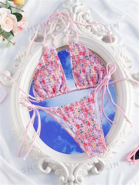 Shein Swim Mod Conjunto De Bikini Con Estampado Floral Top Ajustado Con Escote Halter Y Lazos