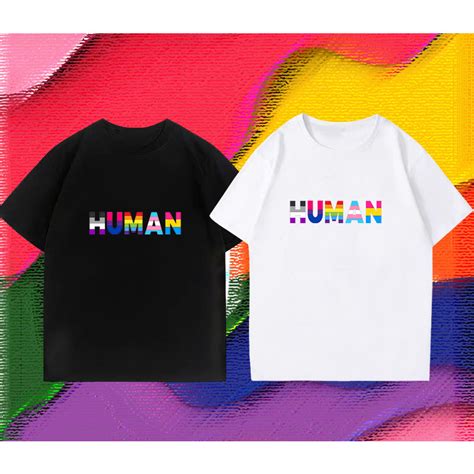 เสอ HUMAN สาหรบผชาย Rainbow LGBT Pride Month Gay Lesbian Bisexual Transgender เสอยดคอต
