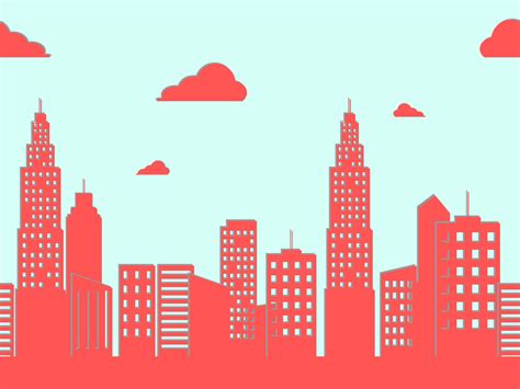 Vector Illustration Design Of Modern City Red Building And Clouds