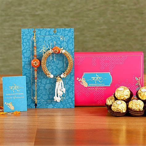 Orange Pearl And Lumba Rakhi Set With Pcs Ferrero Rocher Singapore